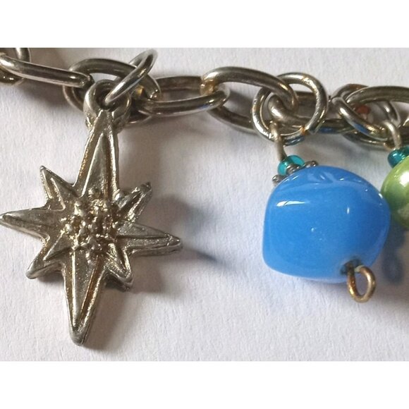 Vintage Art Glass Christian Symbols Charm Bracelet Silver Tone Chain Beads - Picture 3 of 14